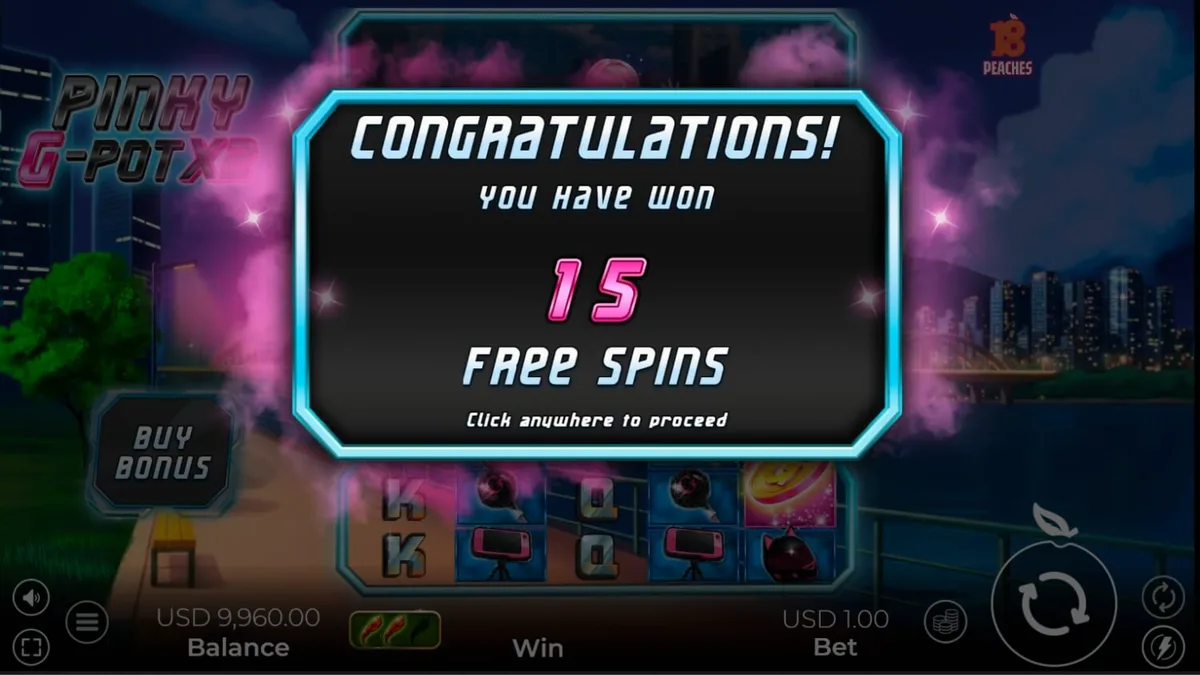 Tampilan neon futuristik dari slot Pinky G-Pot X2 dengan elemen budaya jalanan Seoul